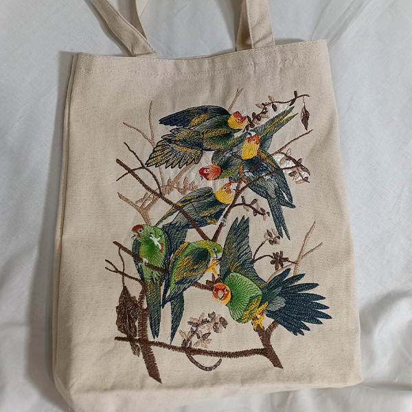 Handmade canvas tote bag with vibrant bird embroidery design