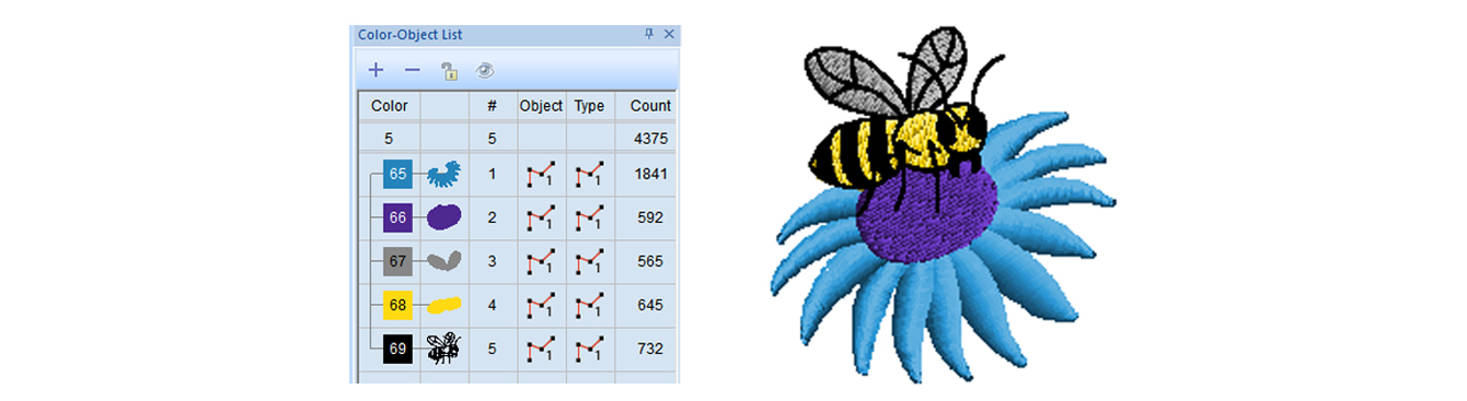 Color-object list and embroidered bee on flower illustration