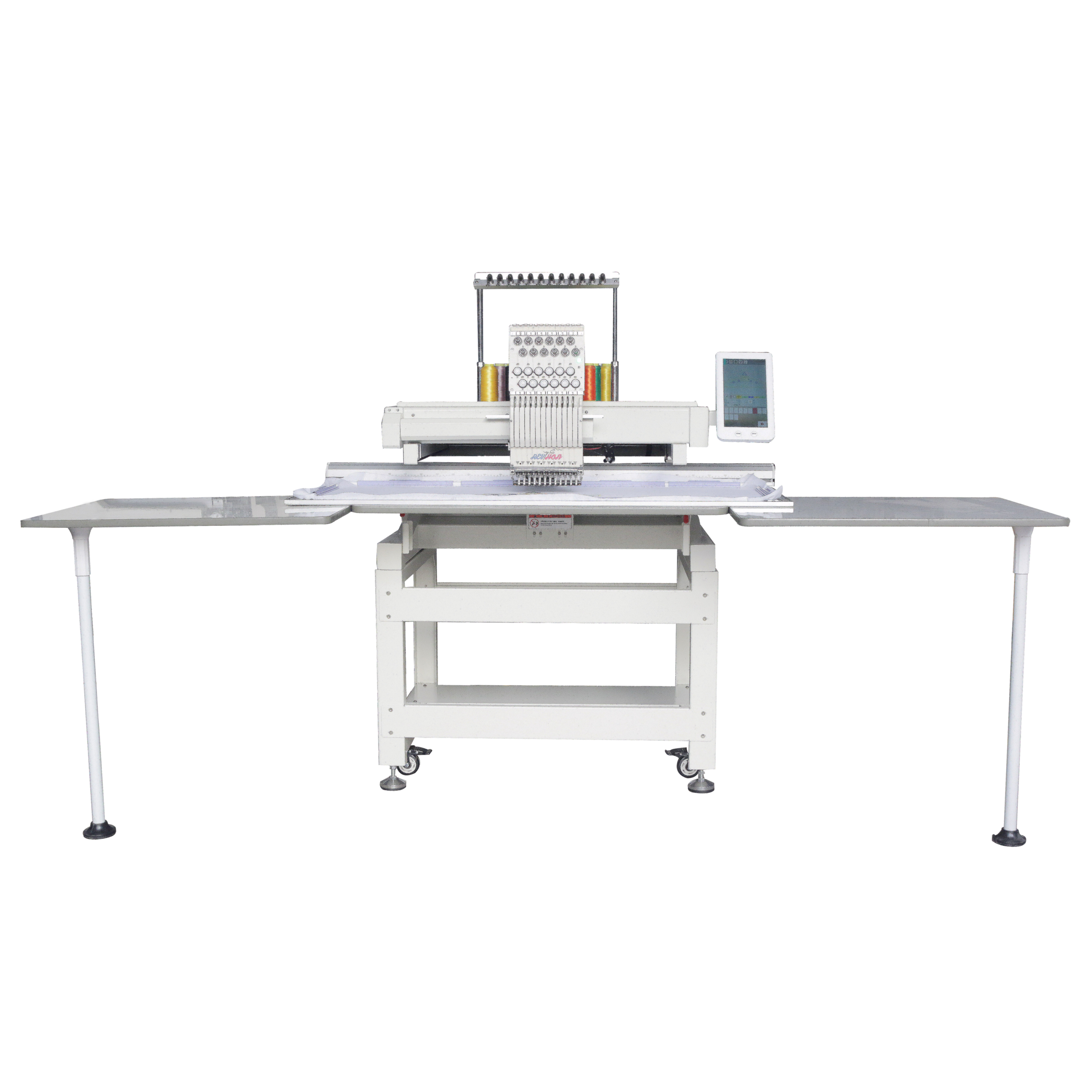 Commercial embroidery machine showing pantograph clearance and large sewing area capabilities